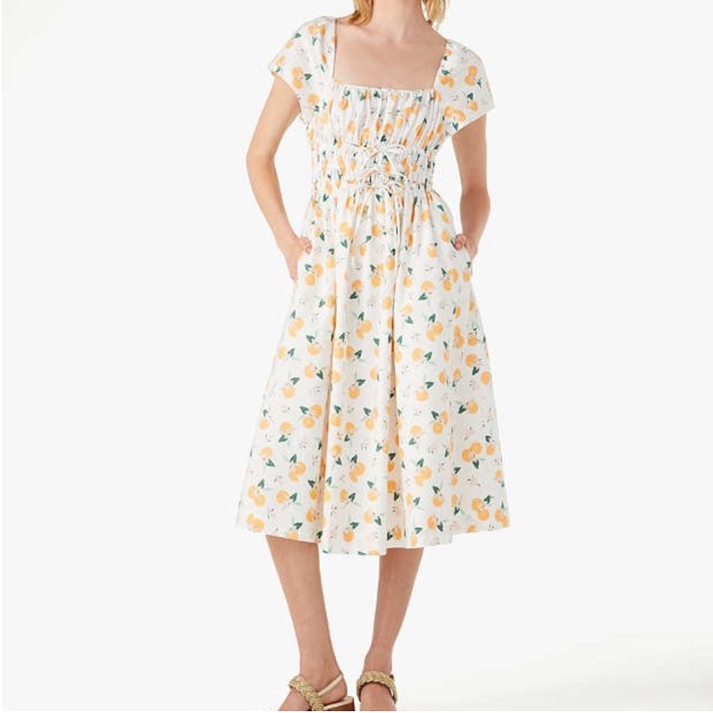 KATE SPADE Novelty Orange Toss Spring Summer White Floral Square-Neck Midi Dress